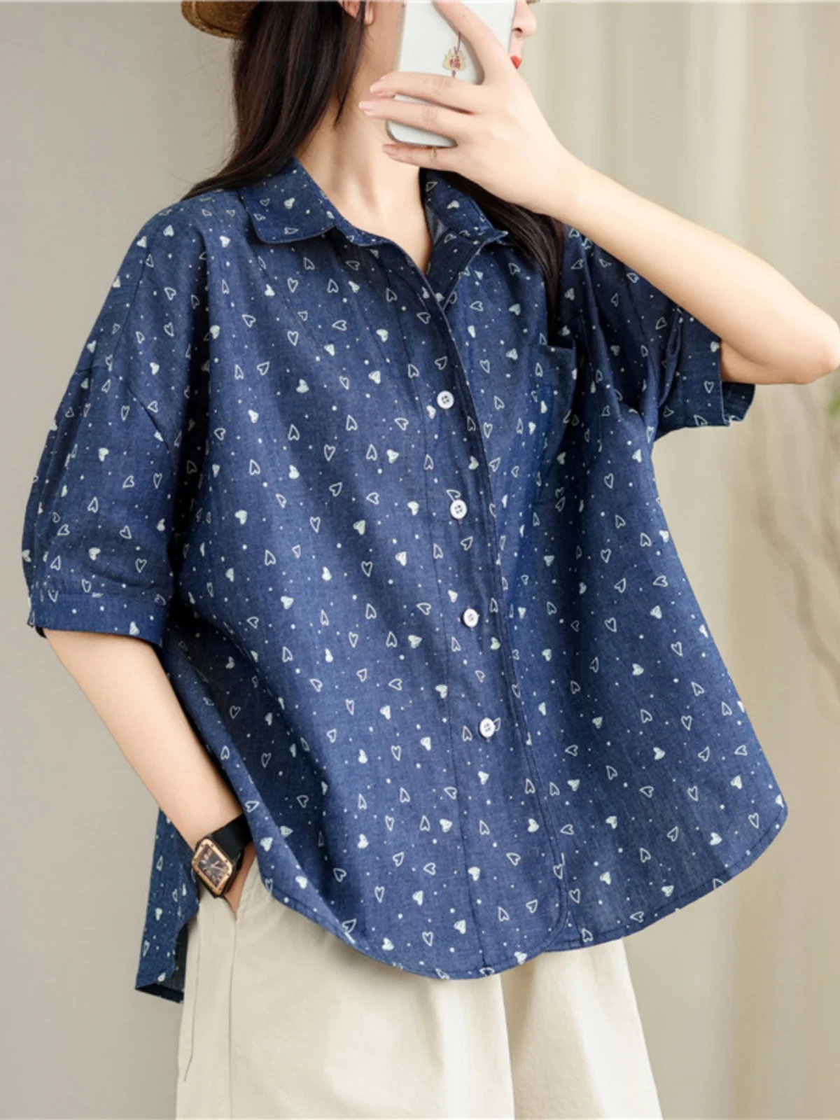 Csa casual solta de verão estilo coreano denim estampado vintage harajuku sabor hong kong f gola  manga curta