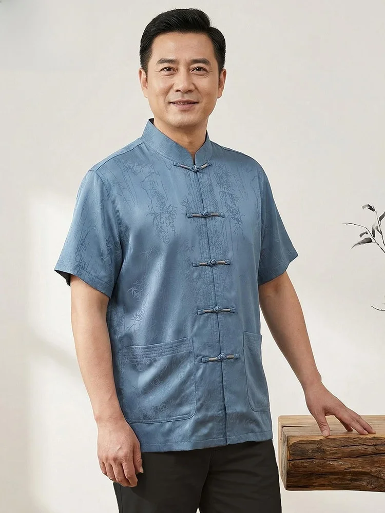 pierre-cardin-new-chinese-style-tang-suit-men's-short-sleeve-mid-aged-dad-summer-ice-silk-top-floral-print-washed-polyester-f