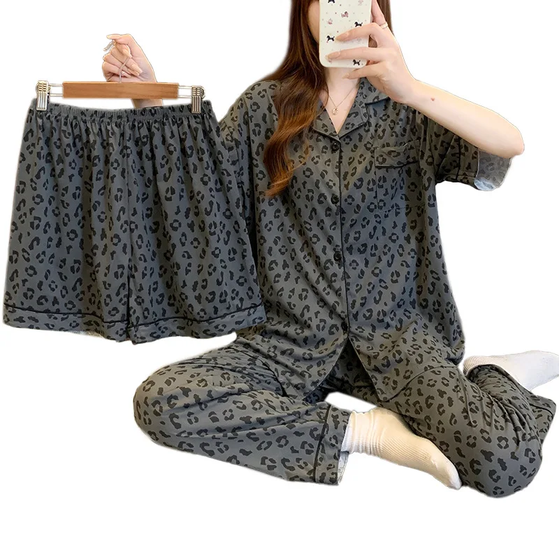 ผู้หญิงความรู้สึกอาวุโสของเสือดาวพิมพ์ฤดูใบไม้ผลิและฤดูร้อนชุดนอนสามชิ้นสาวอเมริกัน Retro แขนสั้น Loungewear ชุด