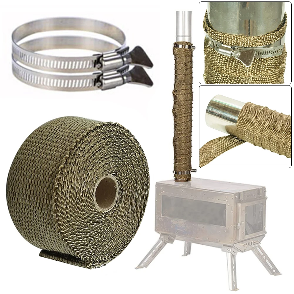 DIY Stovepipe Fireproof Wrap Ribbon Tent Stove Fireproof Ribbon Stove Pipe Protector Glassfiber Fireproof Ribbon With 2 Clamps