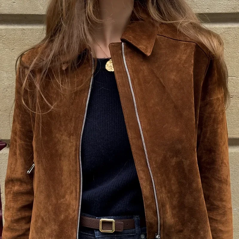 

Vintage Suede Zippers Short Jackets Women's Casual Lapel Full Sleeve Pocket Jacket 2025 Autumn Winter New Lady Street Outwear