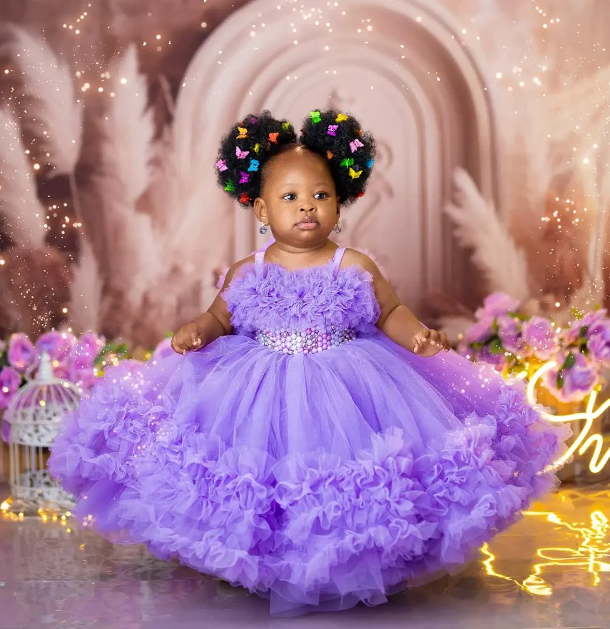 

Puffy Flower Girl Dress For Wedding Tulle Beaded Waist Baby Princess First Birthday Evening Party Gowns