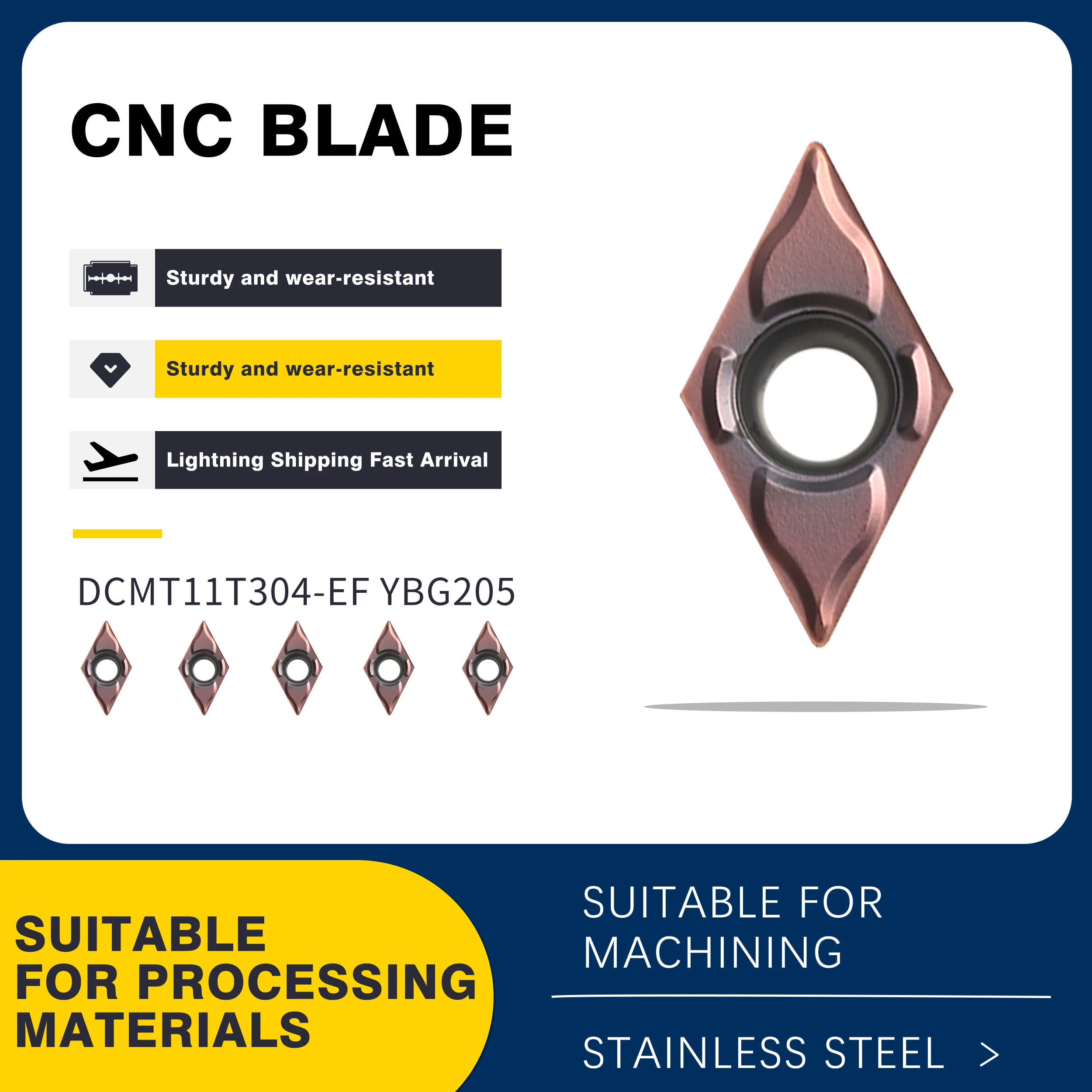 

High-quality Carbide Turning Insert DCMT11T302-EF DCMT11T304-EF DCMT11T308-EF YBG205 CNC Lathe Cutting Blade,For Stainless Steel