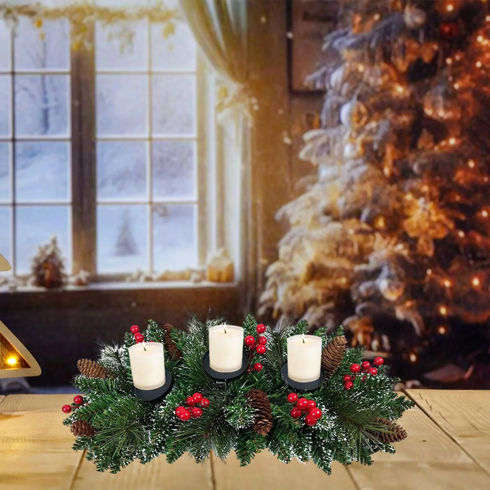 Christmas Candle Holder,Xmas Candlestick Votive Candle Holder Tealight Holder Pinecones Berries Decorative for Wedding Dinner