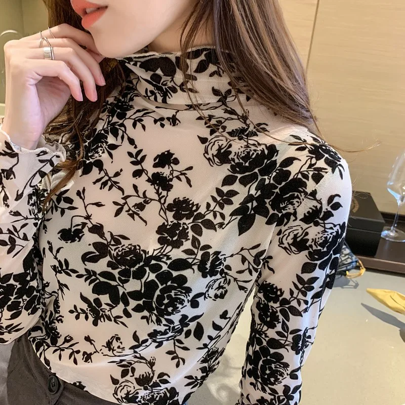 Spring Autumn Long Sleeve Tees Tops Woman Flocking Mesh Turtleneck T-Shirt See-through Tshirts For Female