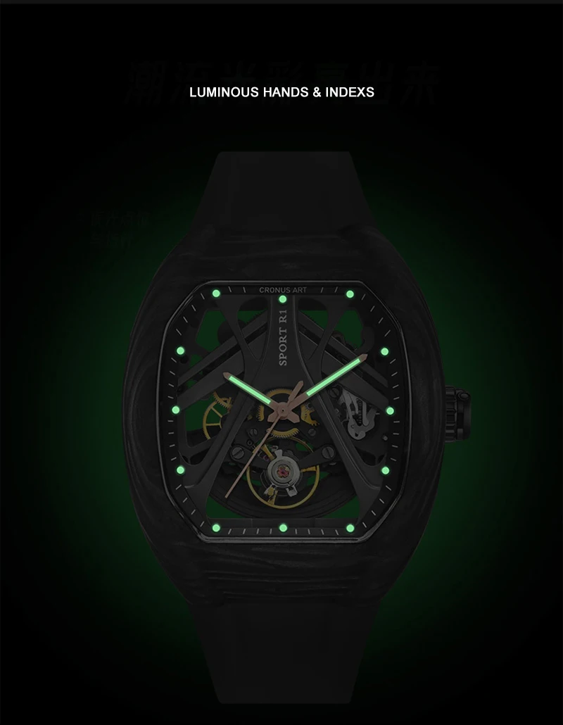 CRONUSART ساعة أوتوماتيكية للرجال من ألياف الكربون تونيو تونيو ساعة يد ميكانيكية بحزام مطاطي قابل للطي مقبض تاج مخفي