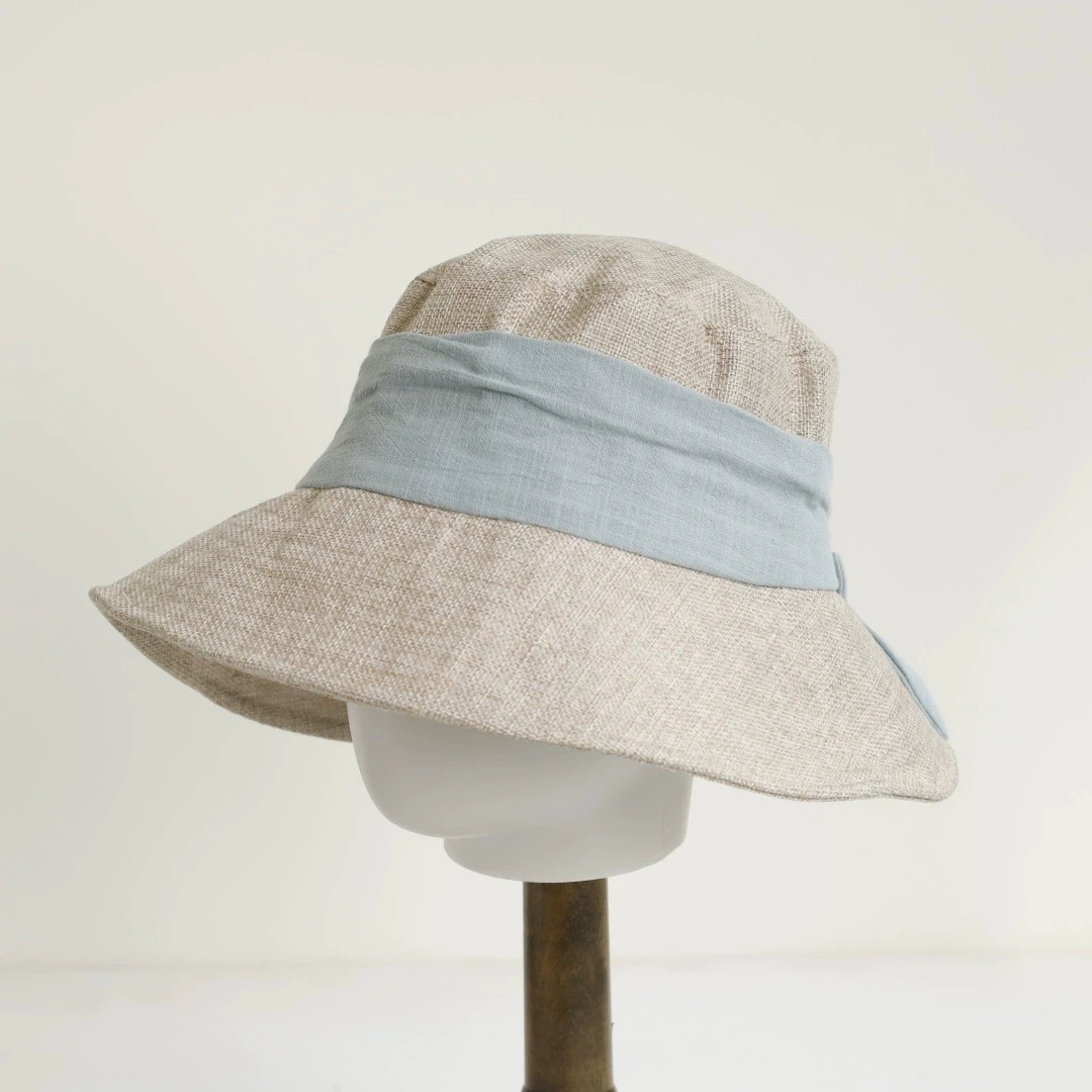 Retro Niche Back Slit Bow Fisherman Hat for Women Spring and Summer Literary Style Bucket Hats Linen Sun Visor Hat