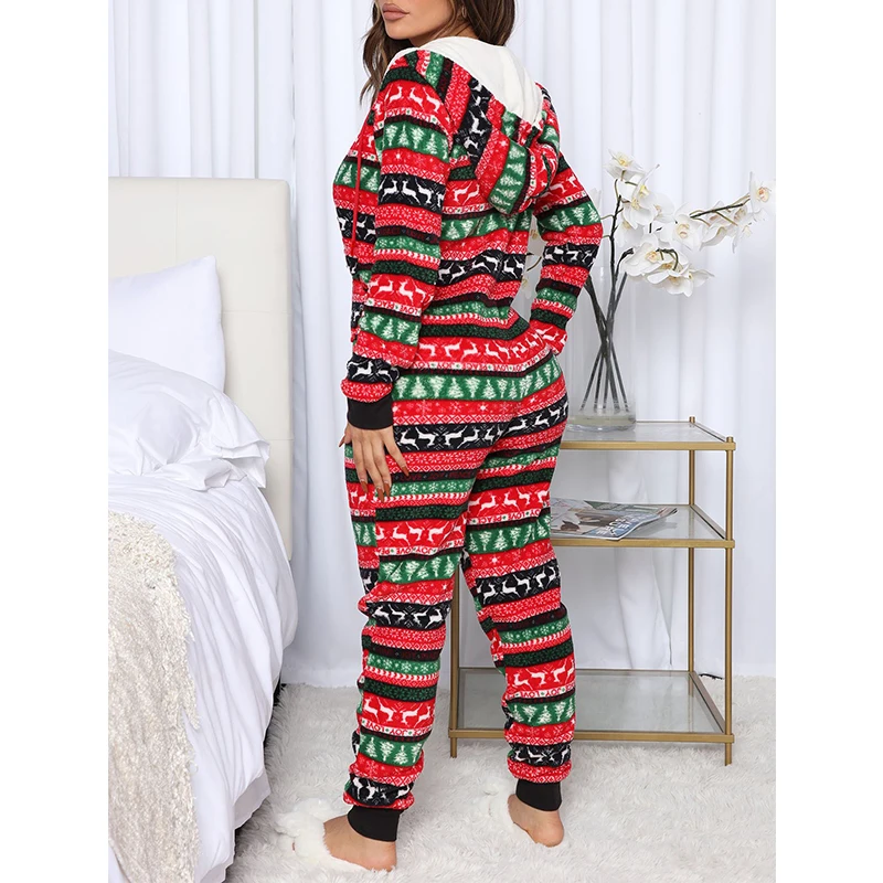 Women Christmas Home Jumpsuit Star Stripe Hooded Long Sleeves Zip-Up Fleece Pajamas for Night Sleep S M L XL