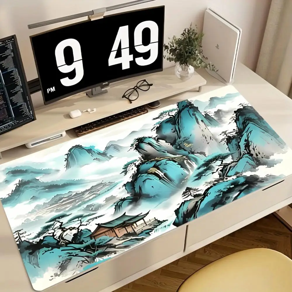 Oriental Ink Wash Landscape Desk Mat, Large Non‑Slip Rubber Extended Mouse Pad, Chinese Mountain Scenery Art Keyboard Pad