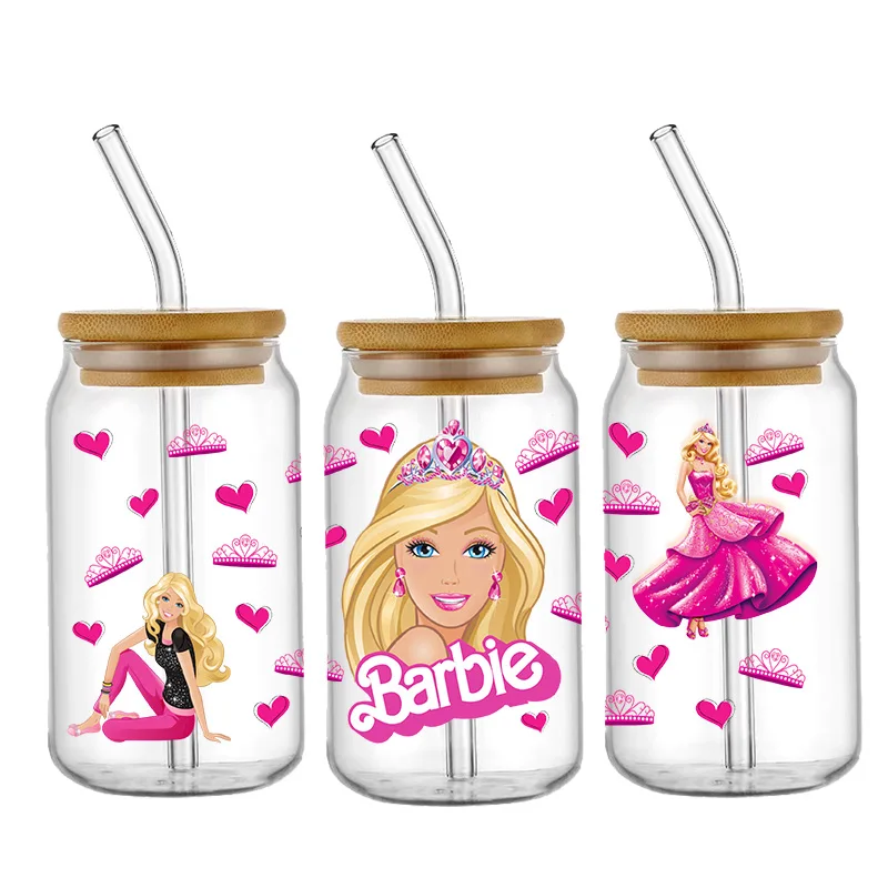 Kartun 16OZ Barbie gadis UV DTF cangkir membungkus stiker Transfer untuk Kaca Libbey dapat botol Selfadhesive dapat dicuci DIY sesuai pesanan