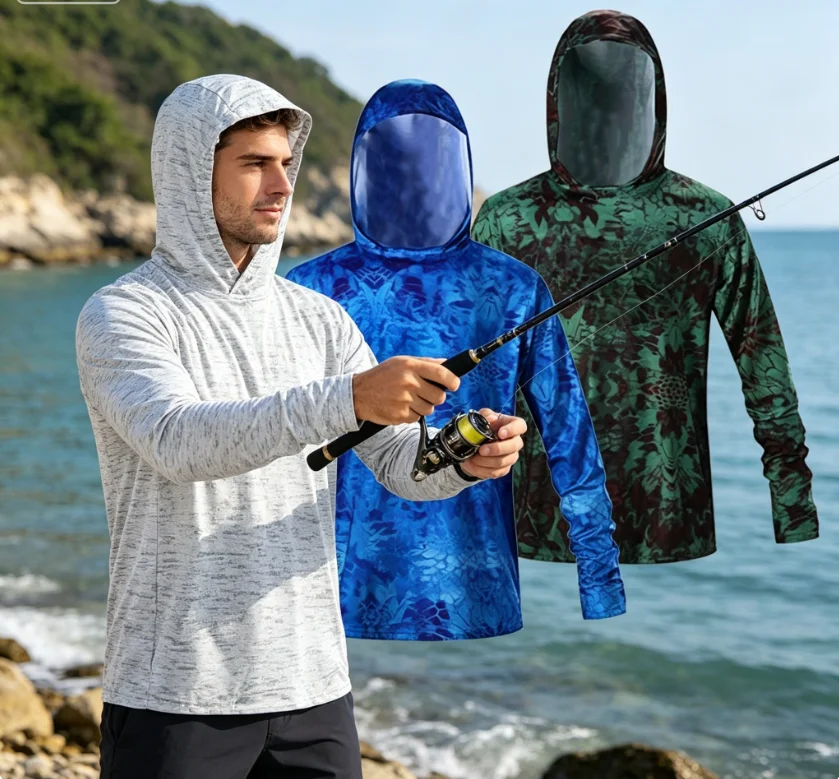 Camisas de Pesca Masculinas de Manga Longa com Capuz, Blusas para Pesca, Roupas de Desempenho para Pesca, Camisa de Pesca UV Manga Longa