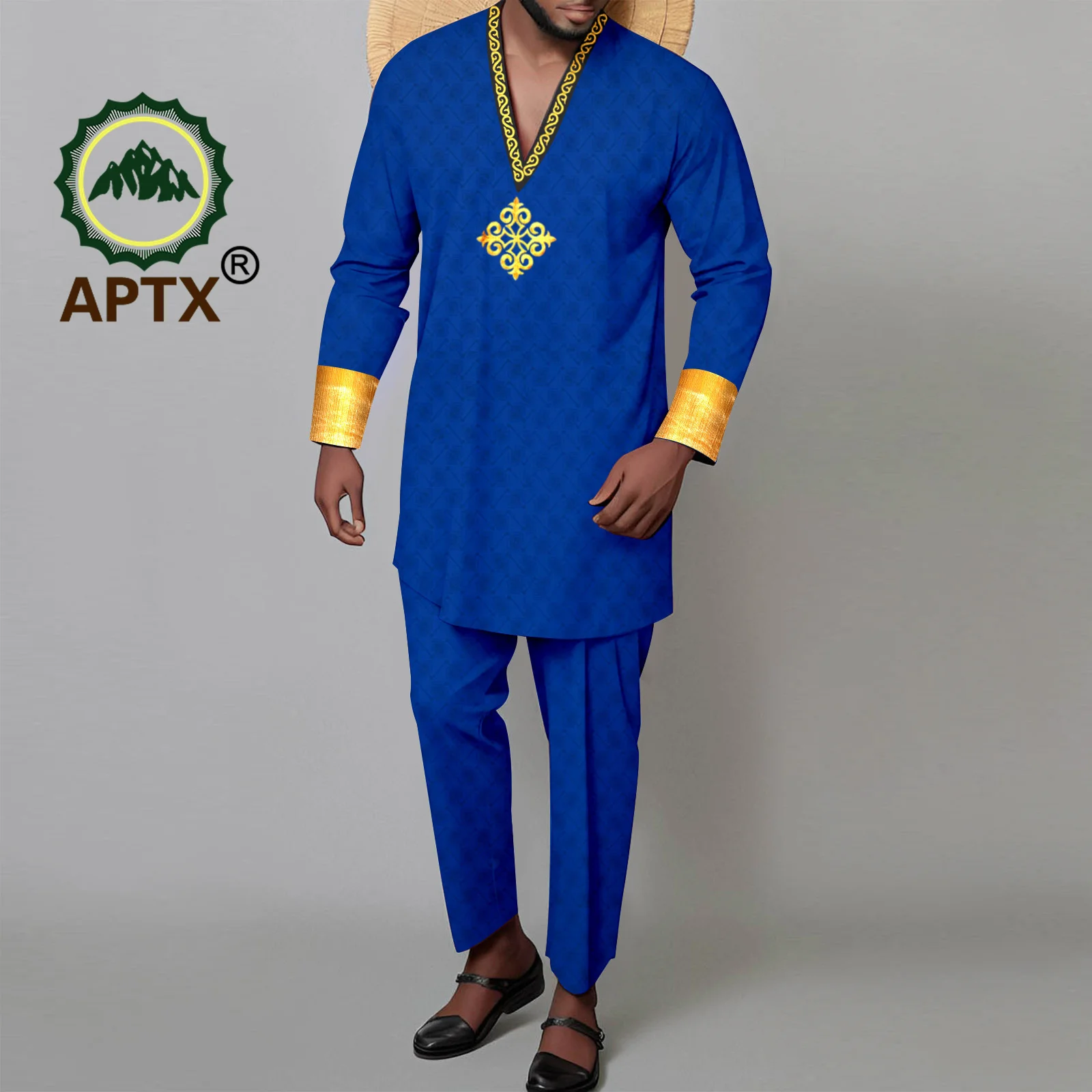 APTX African Clothes for Men Summer Traditional 2 Pieces Set V-neck Embroidery Shirt Pants Wedding National Causal Wear A2316033