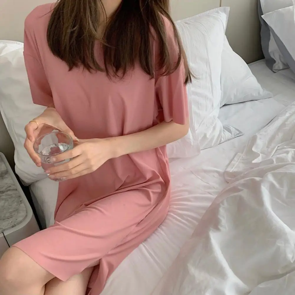 

Dress Elegant Knee-length Nightdress for Women Soft Ice Silk Pajamas with Short Sleeves Homewear Dress for Ladies Comfortable