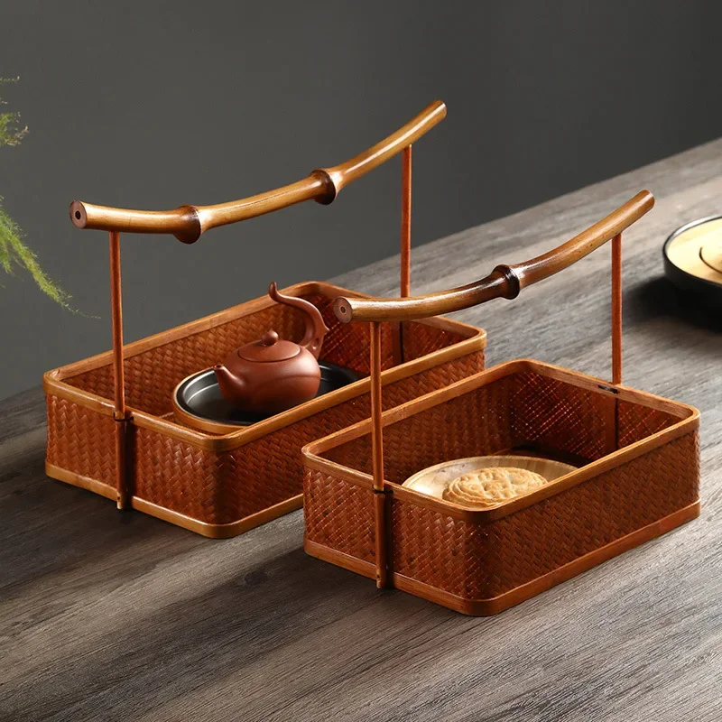 

Handmade Bamboo Weaving Retro Basket Organizer Snacks Fruits Chinese Tea Set Storage Family Living Room Decor