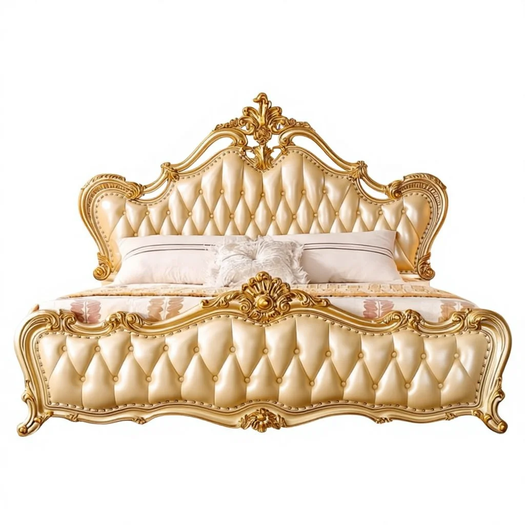 Luxury Genuine Leather European Bedroom Bed Set Classic Royal Princess Bed Furniture French Carved Solid Wood Frame Wedding Bed