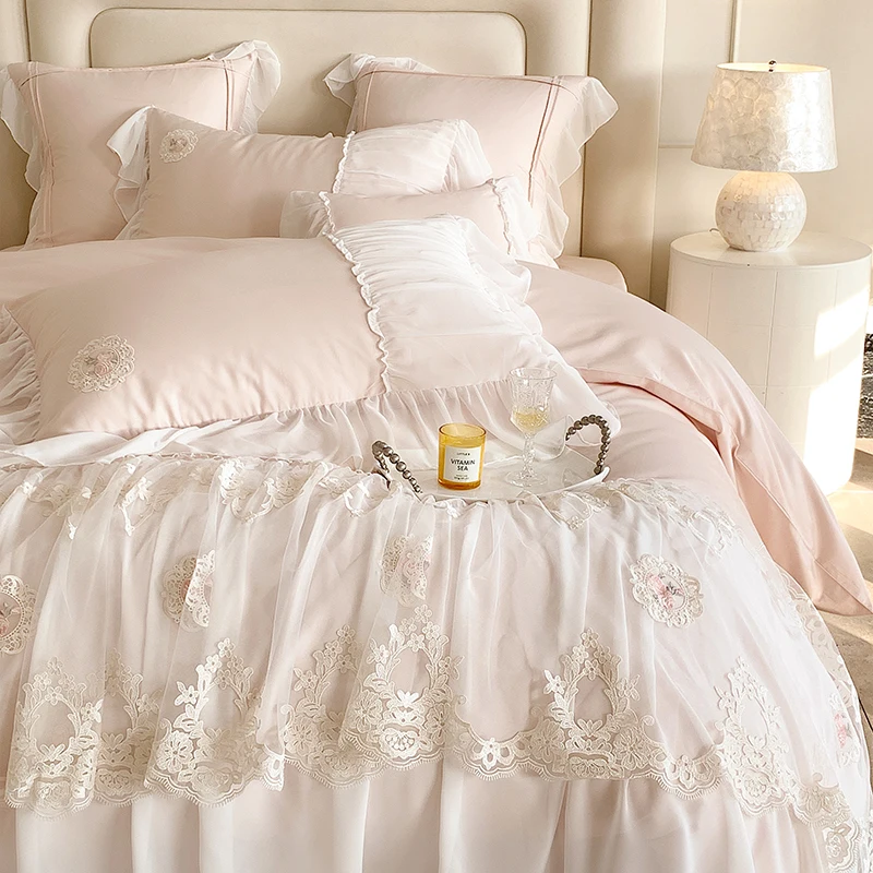 4Pcs Romantic French Lace Ruffles Princess Wedding Bedding Set 1000TC Egyptian Cotton 1 Duvet Cover, 1 Bed Sheet, 2 Pillowcases