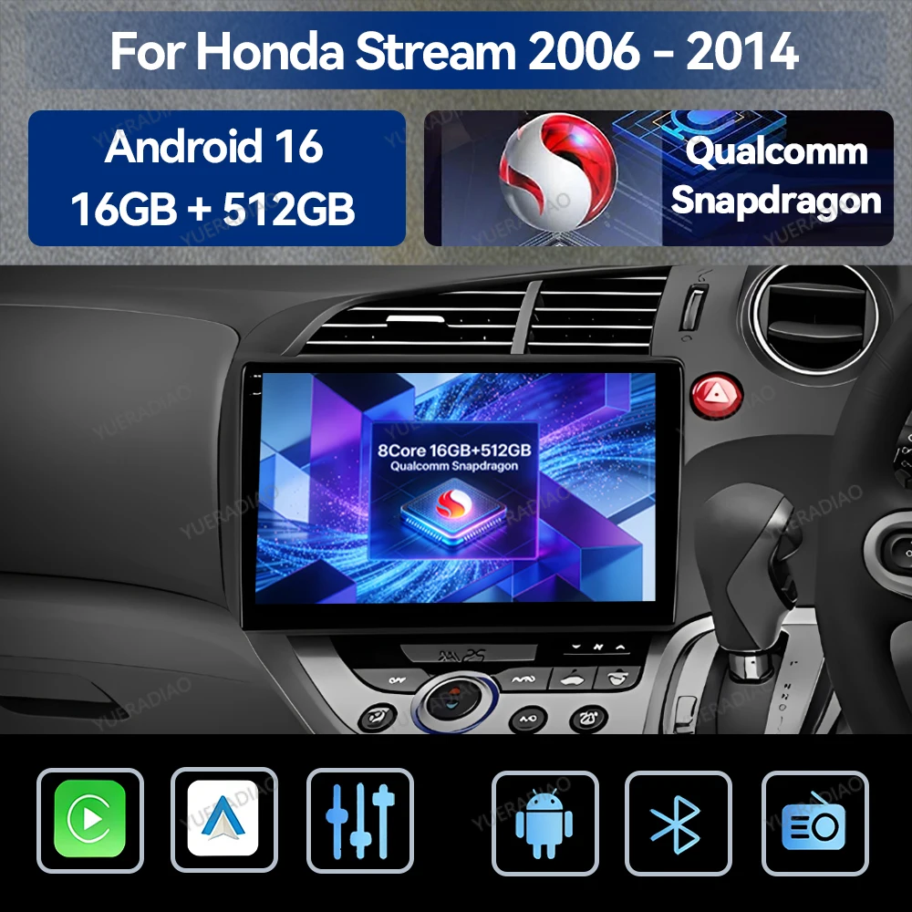 Android 16 Car Radio For Honda Stream 2 2006 - 2014 LTE Wireless Carplay Auto DSP 5G WIFI Viedo Player BT Qualcomm GPS Stereo 4G