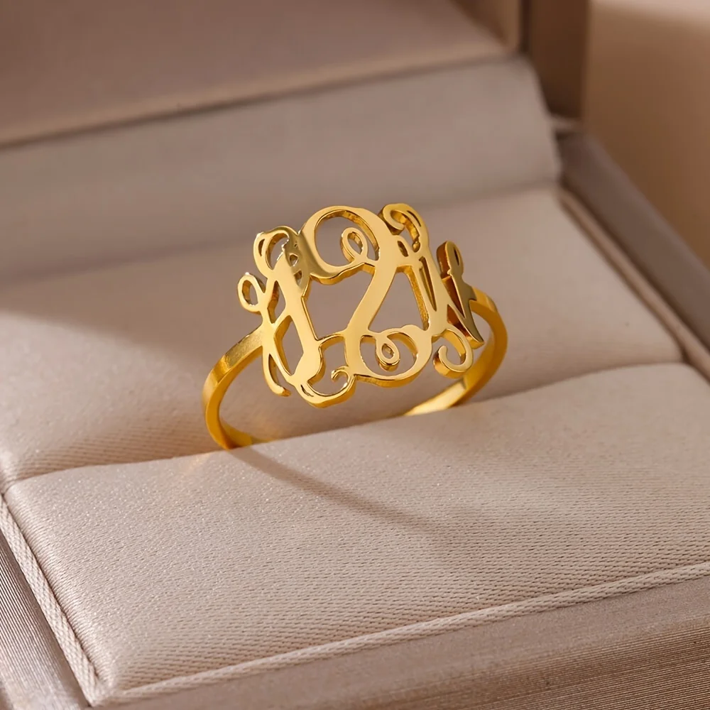 Custom Monogram Name Rings for Women Gold Color Personalized Ring Waterproof Unisex Customized Stainless Steel Jewelry anillos