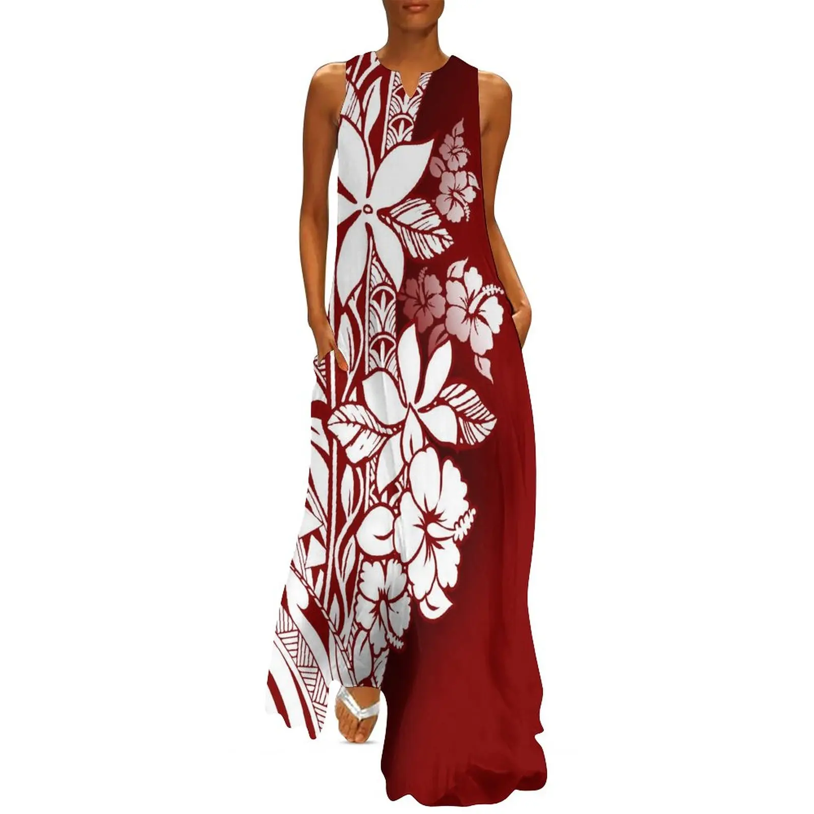 

Custom Made Red Print Polynesian Style Women Off Shoulder Dress Sexy V-neck Women Beach Elegant Maxi Sleeveless Long Dresses