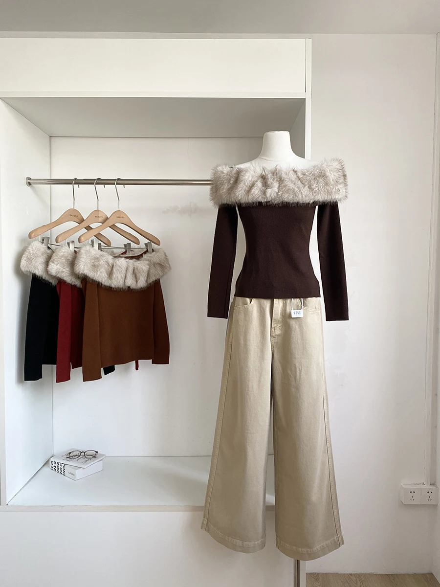 

Trendy Korean Style Women's Knitted Sweater with Detachable Fur Collar Slim Fit Versatile Long Sleeve Top for Teens