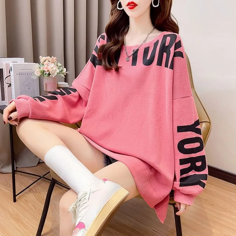 

Pullovers Long Pink Female Clothes Letter Printing Sweatshirts for Women Tops Text Novelty Autumn and Winter Sleeve Matching Emo