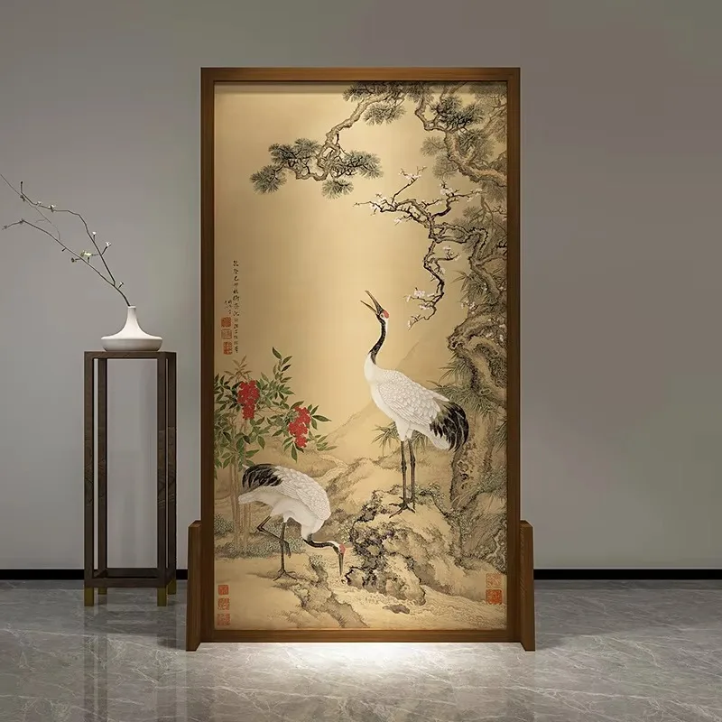 New Chinese entry solid wood movable screen partition decoration entrance living room study seat screen pine plum double crane p