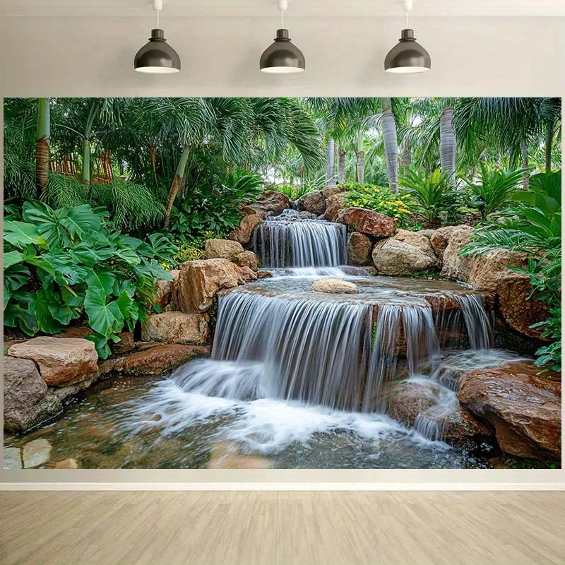 Tropical Garden Waterfall Tapestry Lush Jungle Plants Rock Stream Wall Decor Relaxing Nature Scene Indoor Oasis AestheticHanging