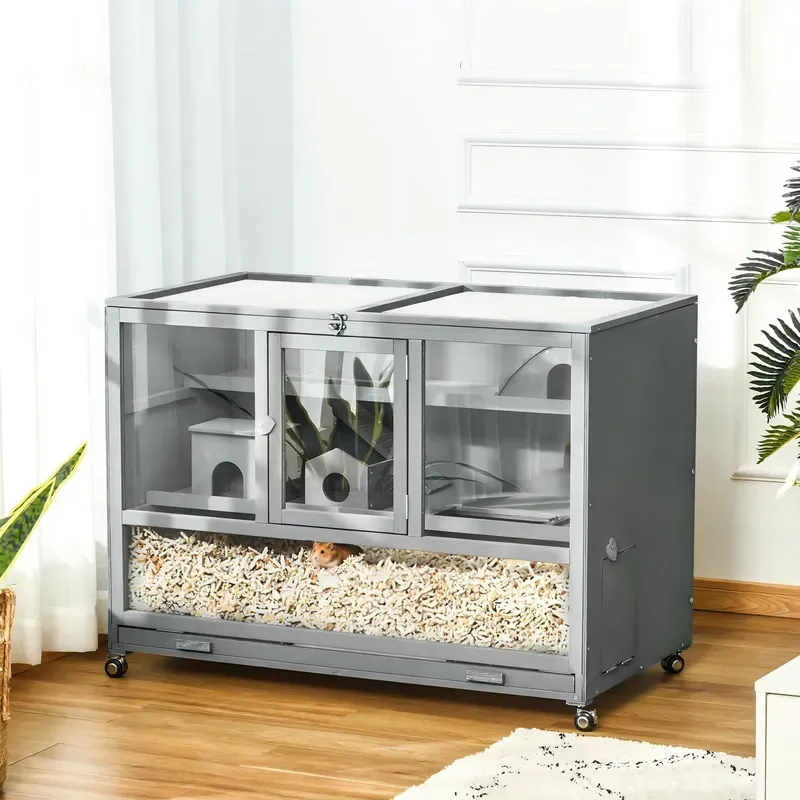Wooden Large Hamster Cage with Seesaw and Wheels, Small Animal Cage and Habitat, 3-Tier Hamster Habitat with Ladder, Dark