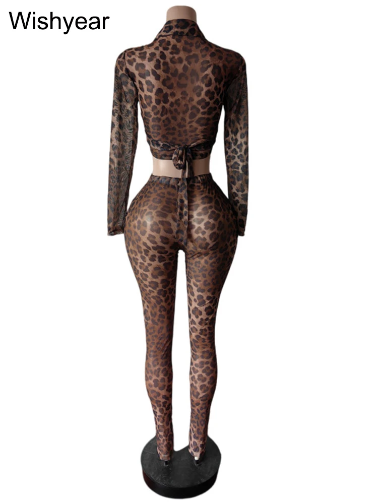 أزياء ليوبارد طباعة 2 قطعة السراويل مجموعة النساء ربيع الخريف طويلة الأكمام المحاصيل قمم سترة وسراويل قلم رصاص تمتد ليلة كلوبوير #6