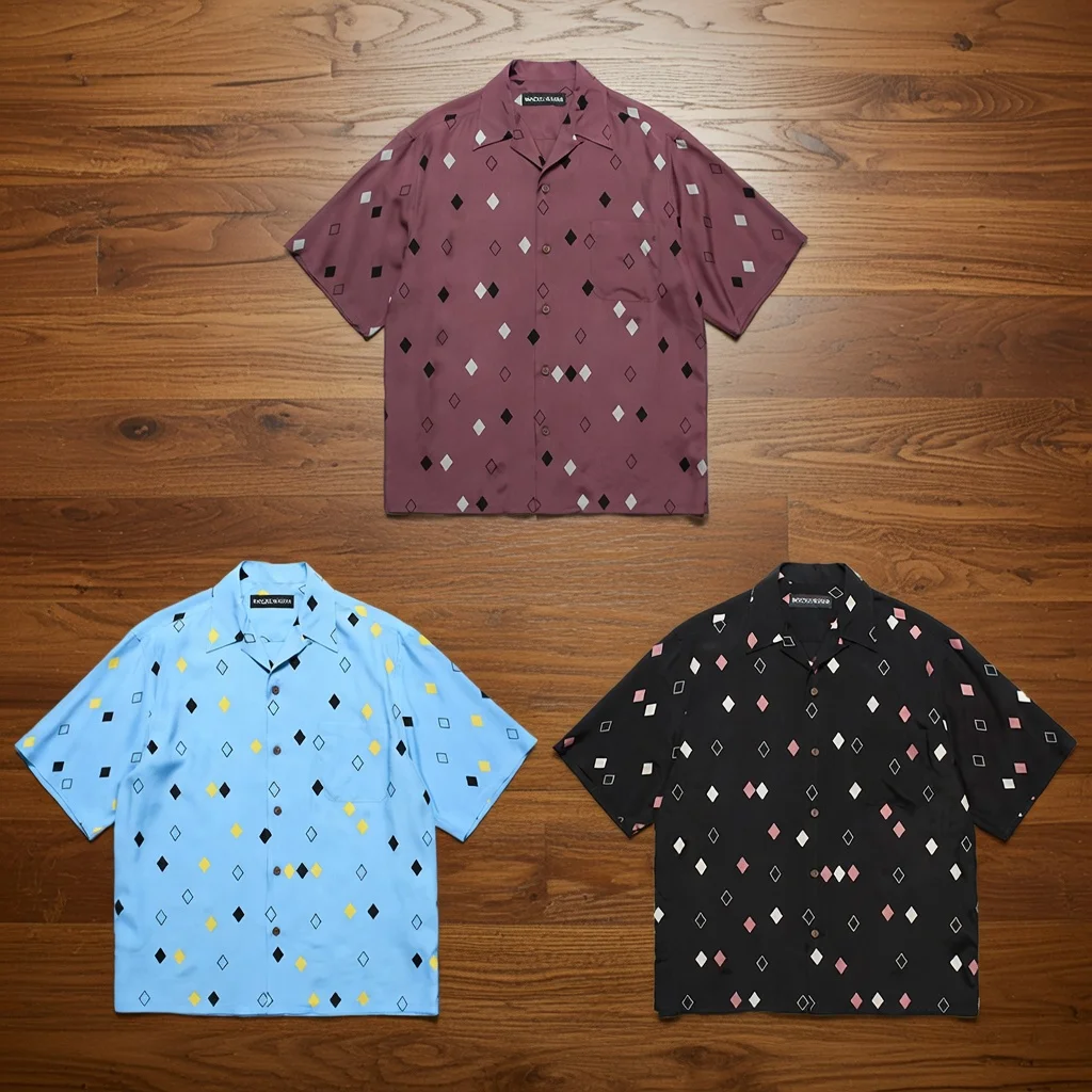 

26ss Wacko Short Sleeved Geometric Diamond Print Short Sleeved Shirt Loose Casual Vacation Shirt Wacko Men's Clothing