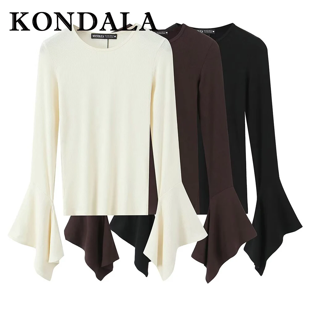 

KONDALA Chic Pleated Beige O-Neck Sheath Women Layered Top Fashion 2025 Autumn Elegant Full Sleeve Modern Long Sleeve T-shirt