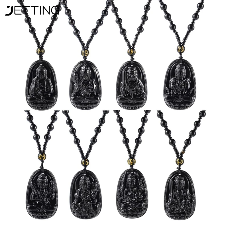 Obsidian Stone Buddha Beads Chain Necklace Imitate Jade Buddhism Bodhisattva Amulet Talisman Jewelry For Women Men Protect Lucky