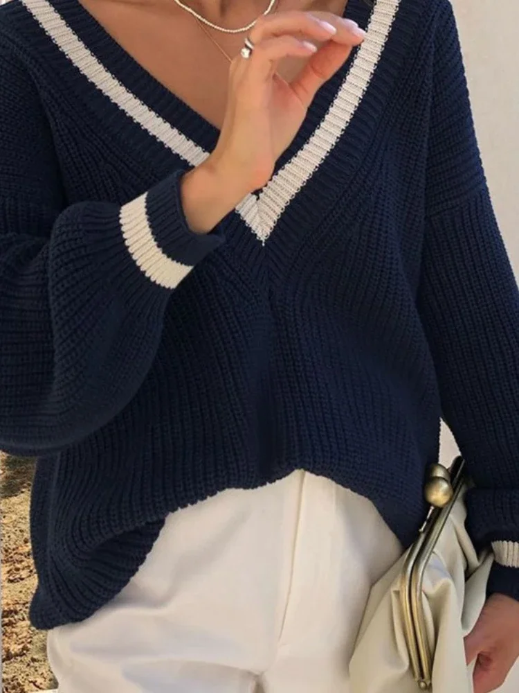 Autumn Winter European and American Style Casual Color Blocking Fashion Loose-fit Long Sleeve Women's Sweater Pullovers
