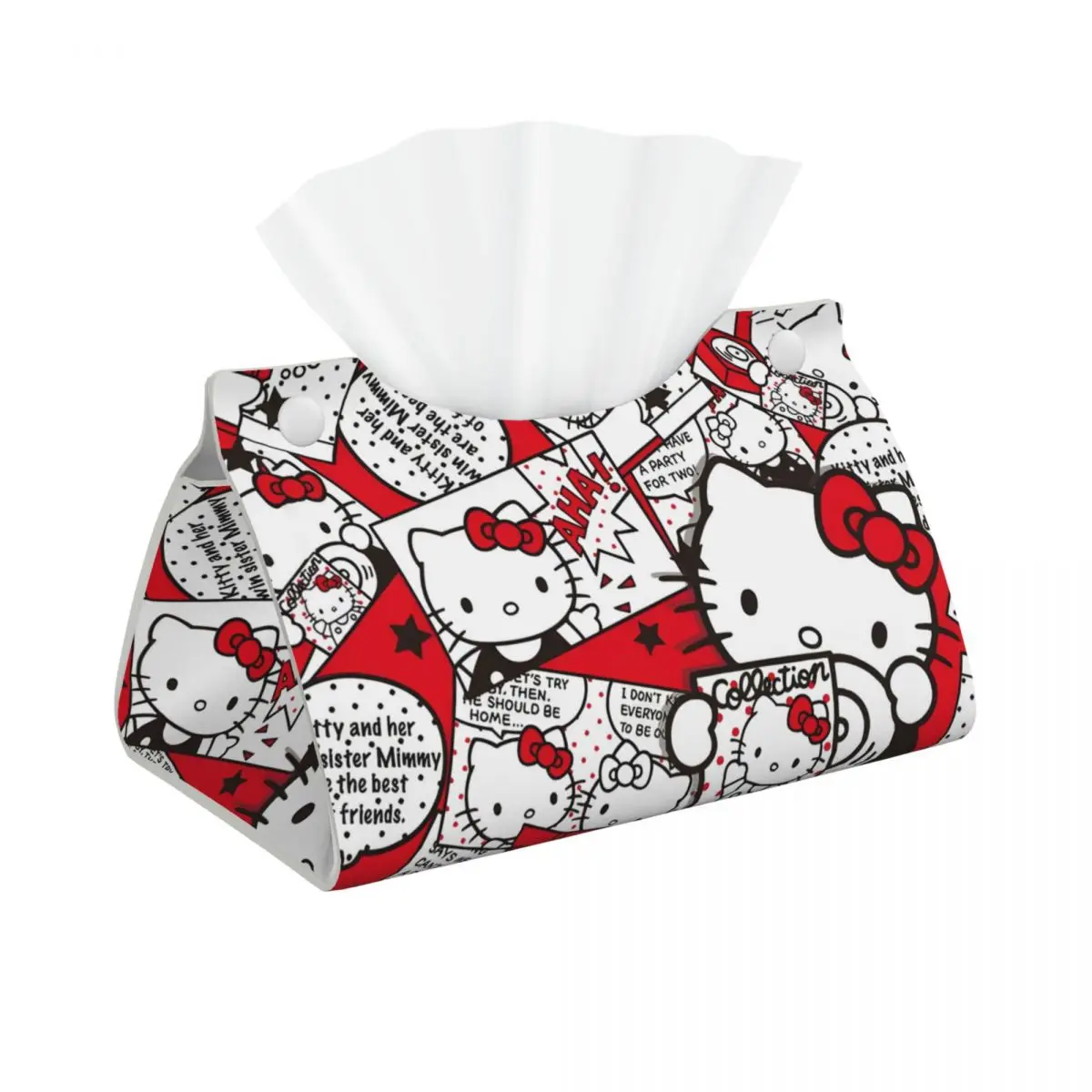 Custom Hello Kitty Collage Tissue Box Cover for Bathroom Home Cartoon Cat Rectangular PU Leather Facial Tissue Box Holder