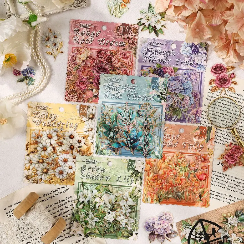 20PCS Scrapbook Stickers Vintage PET Flower Stickers Scrapbooking Junk Journal Crafts Embelishment Decoration Stickers