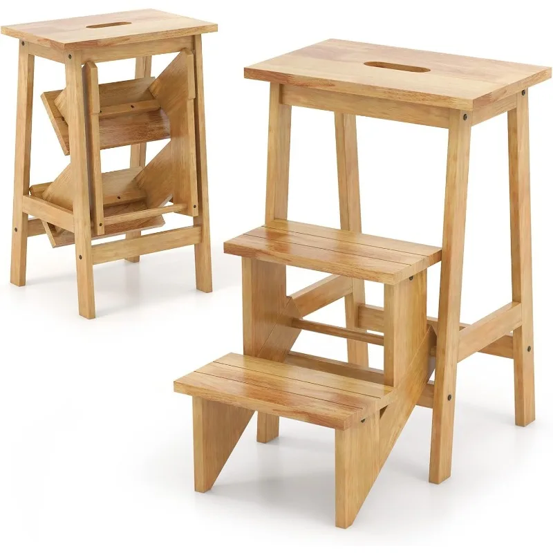 

Folding 3 Tier Step Ladder, Multipurpose 3-in-1 Wood Step Stool with Anti-Slip, Convenient Handle, Display Ladder and St