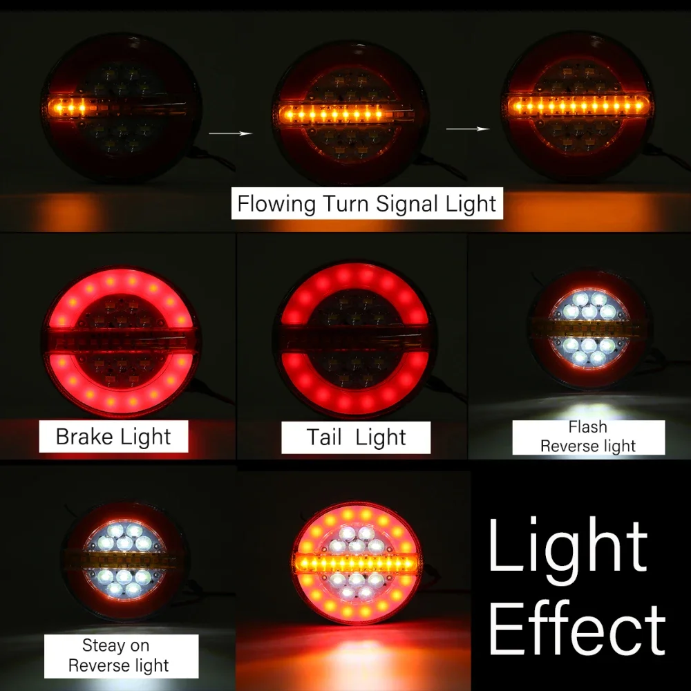 ATVOV 2pcs 12V 24V Round LED Truck Rear Tail Light Taillight Sequential Dynamic Running Trun Signal Reverse Brake Stop Caravan