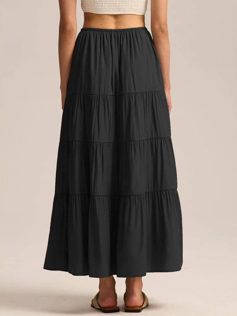 하이웨이스트 루즈핏 밴딩 플리츠 롱 스커트 여성용 A라인 드레스 스타일 벨티드 스커트