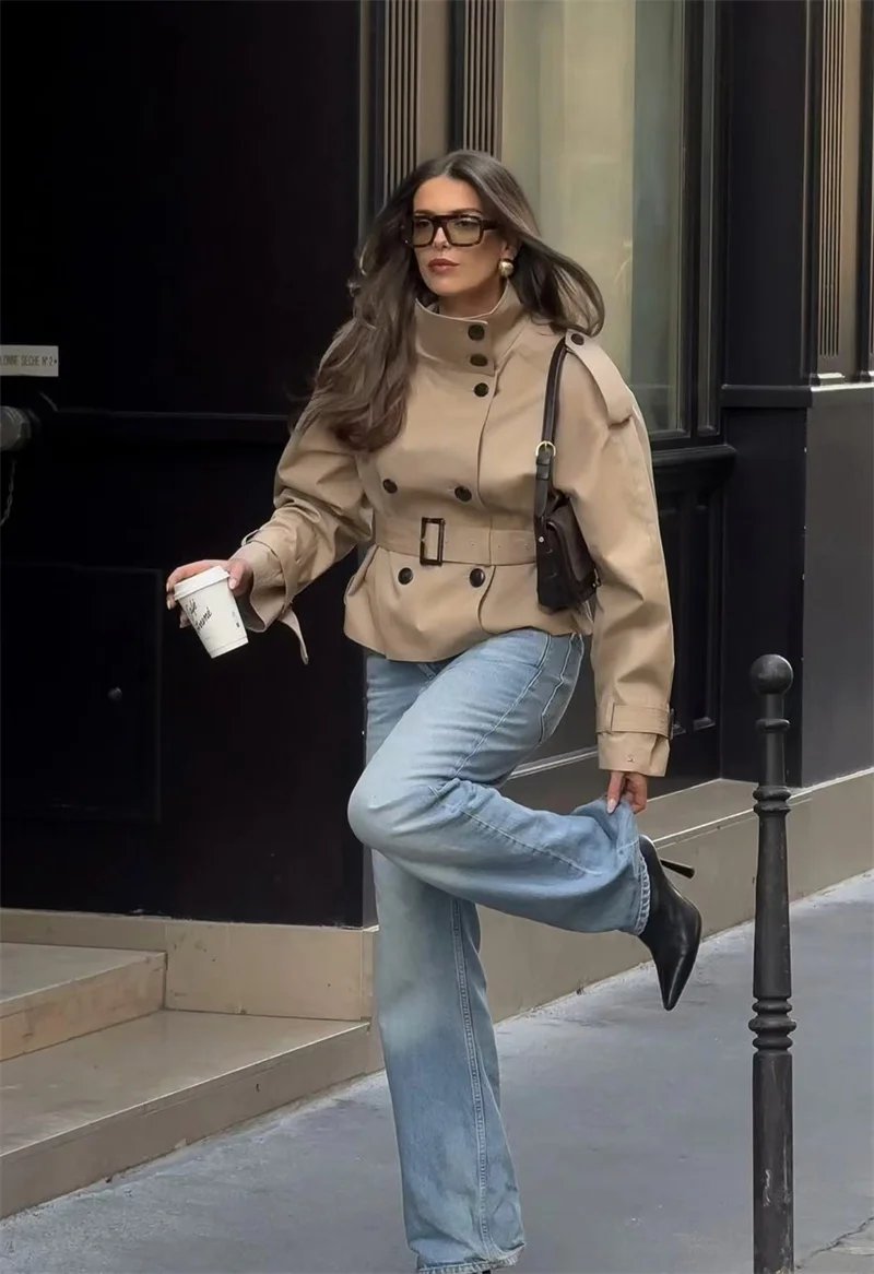 Smvp Women's Jacket 2026 Fall New Khaki Stand Collar Double-Breasted Jacket with Belt Decoration Parka Short Trench Coat