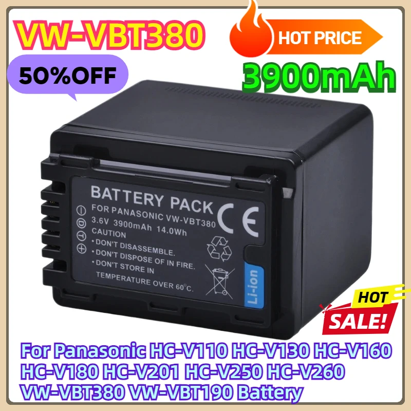 For Panasonic HC-V110 HC-V130 HC-V160 HC-V180 HC-V201 HC-V250 HC-V260 3900mAh VW-VBT380 VBT380 VW-VBT190 VBT190 Battery