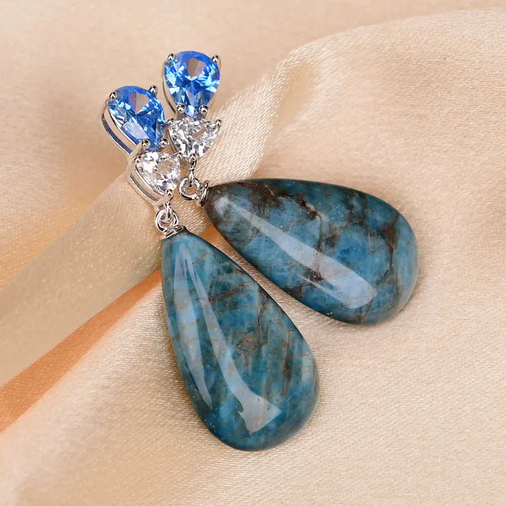 

GG Natural Blue Apatite Stone Teardrop Mix Color Crystal Paved Stud Dangle Earrings