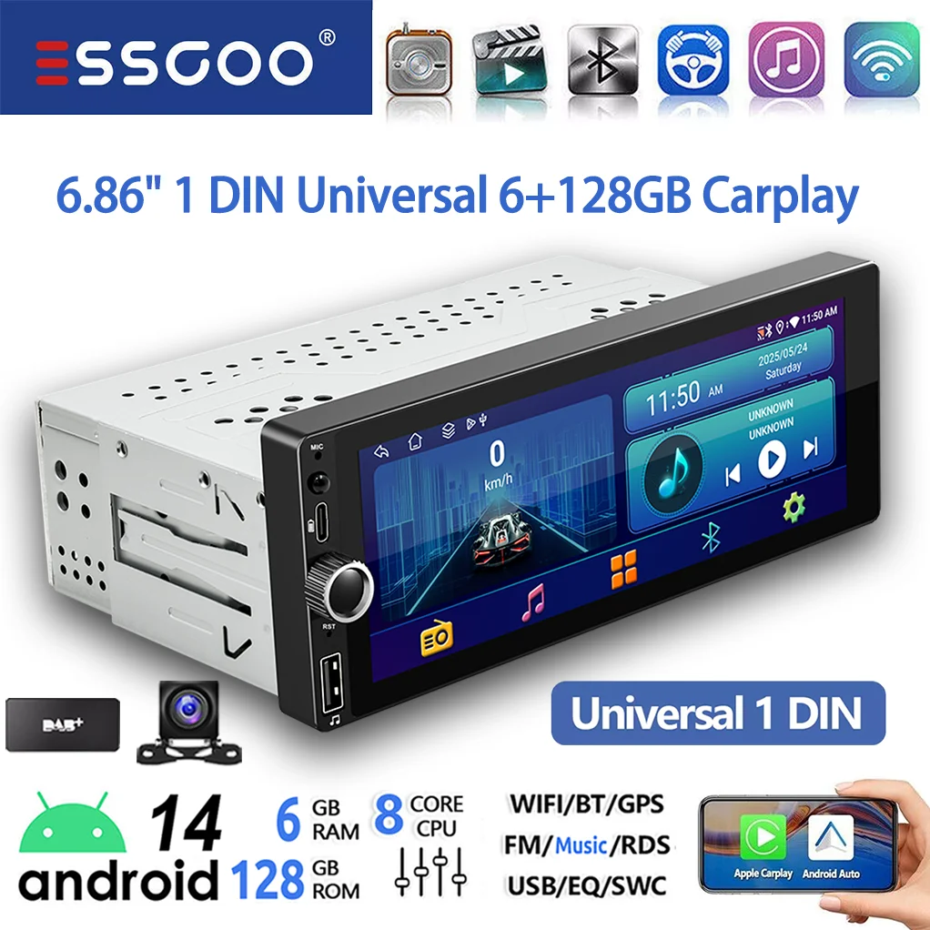 ESSGOO Enkele 1 DIN 6.86 "Android 14 6 + 128G Universele autoradio Radio CarPlay Android Auto BT USB Type-C 4G Wifi AM FM GPS Navi - afbeelding 1
