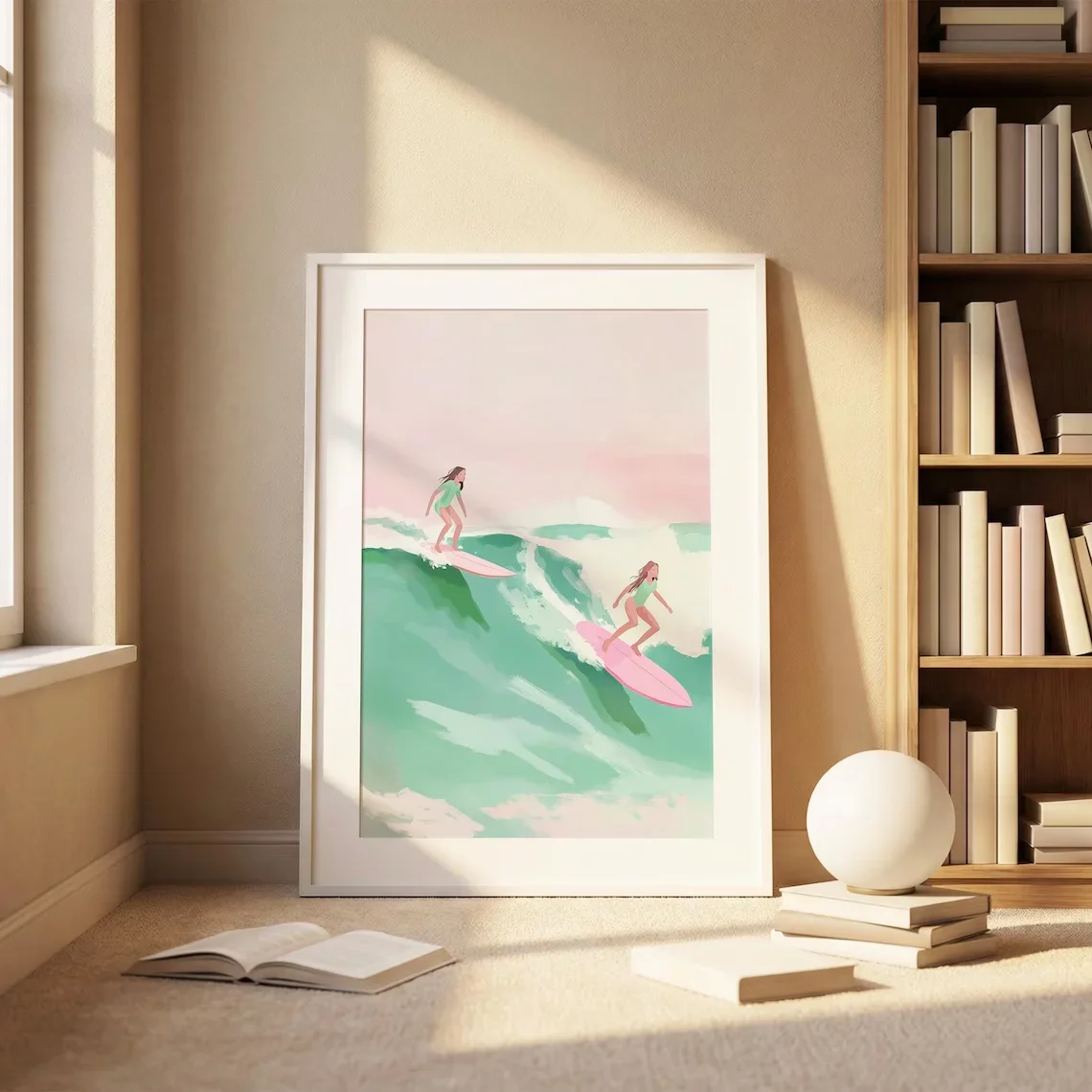 2026Coastal Surfing Wall Print Decor - Whimsical Illustration of Two Girls Surfing on Pink Boards, Blending Soft Mint Gre