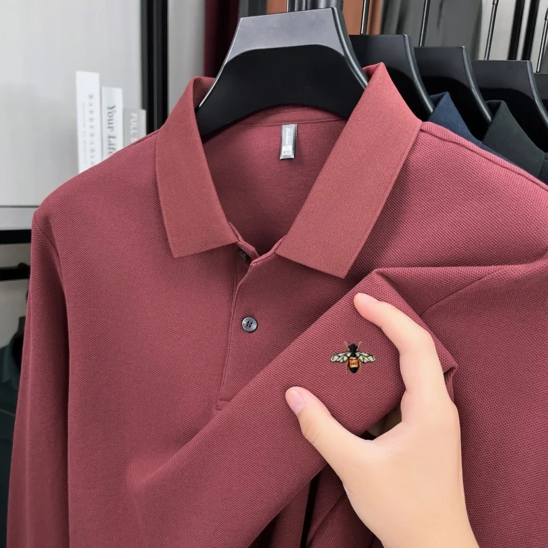 

100% pure cotton high-end brand men's long sleeved polo shirt autumn fashion new item bee embroidery design golf casual T-shirt