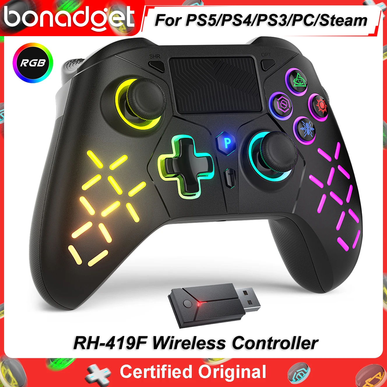 Gamepads für PS5/PS4/Slim/Pro/PC-Controller, RGB, kabelloser Game-Grip, Joystick, 6-Achsen, Dual-Shock, Makro/Turbo, Touchpad, Gaming-Steuerung