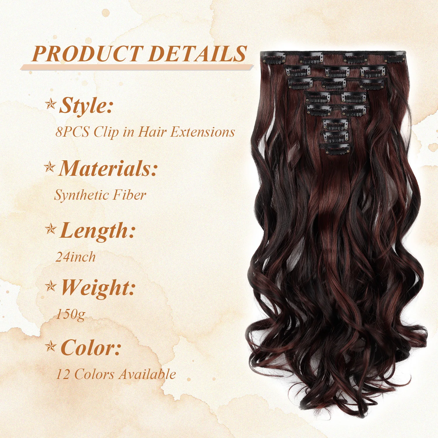 Clip In Hair Extension Curly 24 Inch 8 Pieces Hair Extensions for Women Daily Wear, Work & Casual Styling, Synthetic Hair Pieces