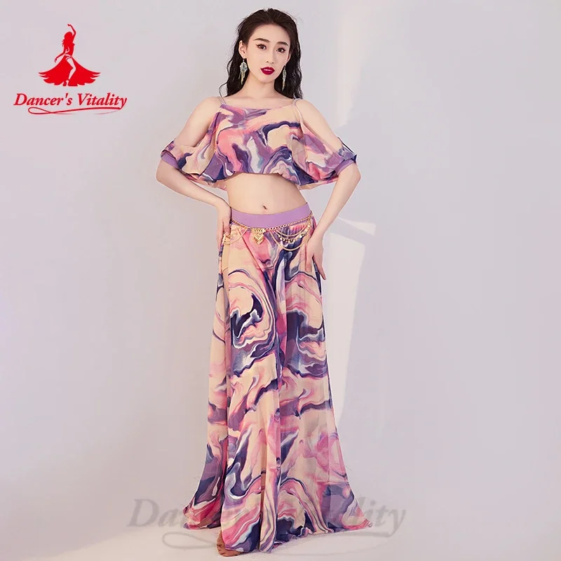 belly dancer costume set for women short sleeves top+chiffon split long skirt 2pcs Oriental belly dancing Practice Clothes