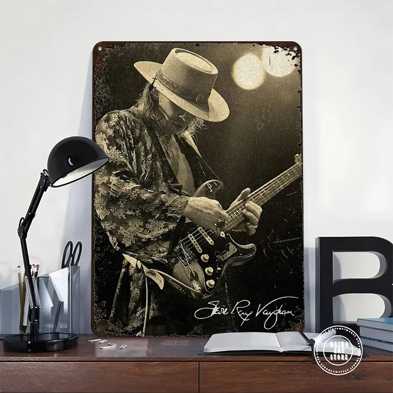 Stevie Ray Vaughan Playing Guitar Printed Poster Customized Retro Wall Art Vintage Metal Tin Signs for Home Decor Living Room