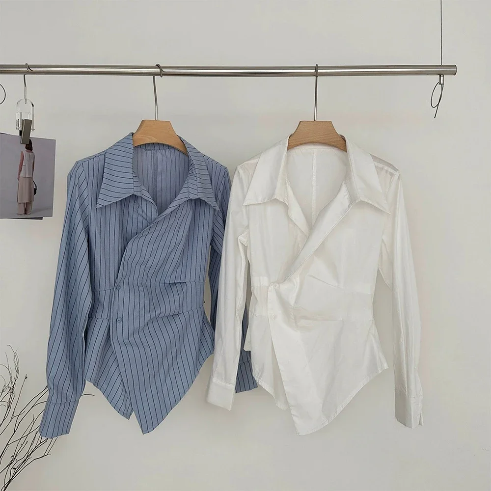 

Women's Summer Shirts Stripes Asymmetrical Long Sleeve Shirt Collar Draped Button Through Office Lady Shirts