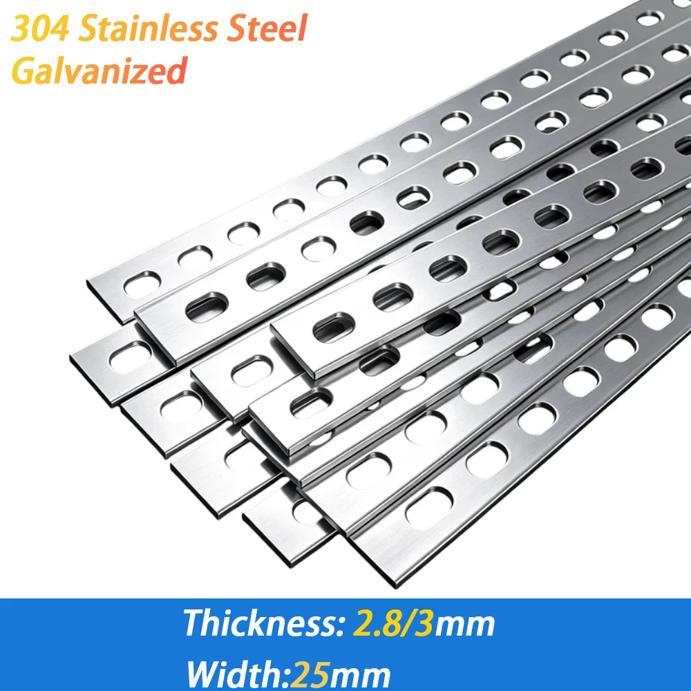 1pc 304 SS/Galvanized Flat Steel Thickness 2.8/3mm Width 25mm Connection Plate Fastener Flat Bracket Fixing Connector 100-500mm